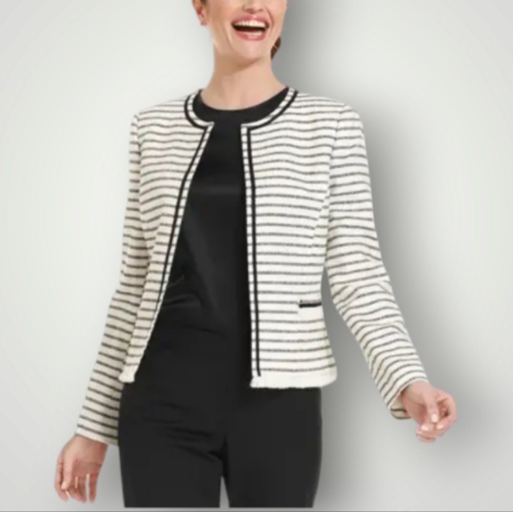 TAHARI Blazer Womens 14W Striped Open Front Jacket Lined Long Sleeves Fringe Hem